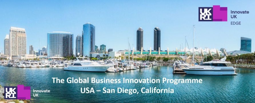 A waterside image of San Diego with UKRI logos promoting the UKRI Global business innovation programme