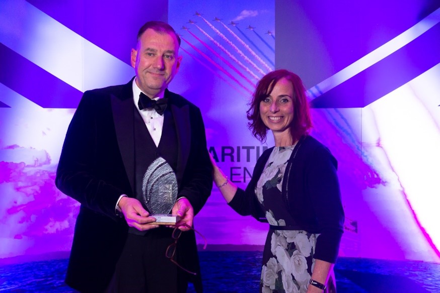 Kate Cornhill, from category sponsors ABP Southampton, presenting the Future Skills Award to Gordon Meadows from Seabot Maritime, at the Maritime UK Solent Awards 2022