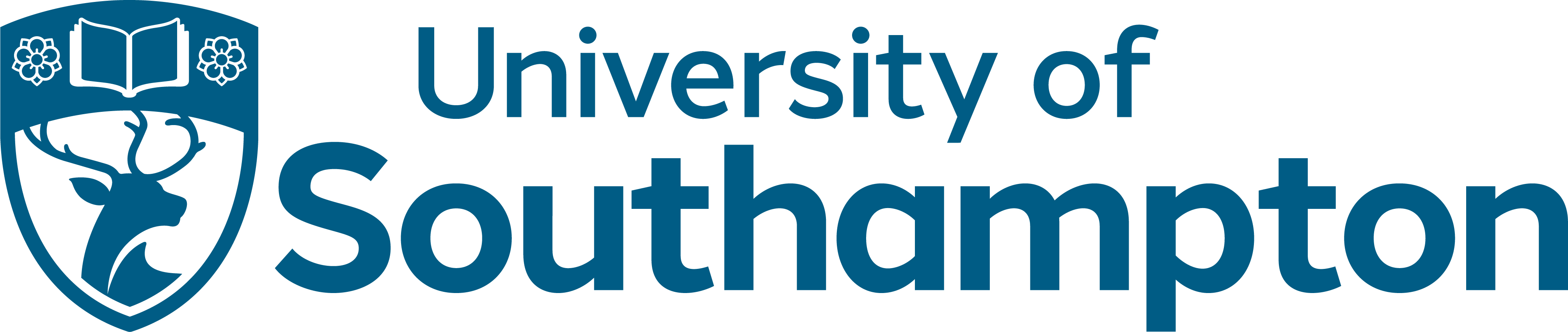 University of Southampton logo in turquoise on a white background featuring an emblem with a stag head