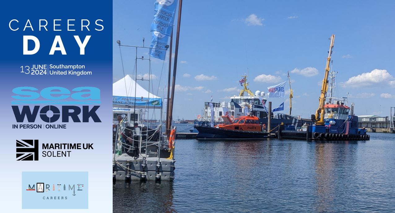 Seawork event image - boat at a harbour with Seawork logo on the left side